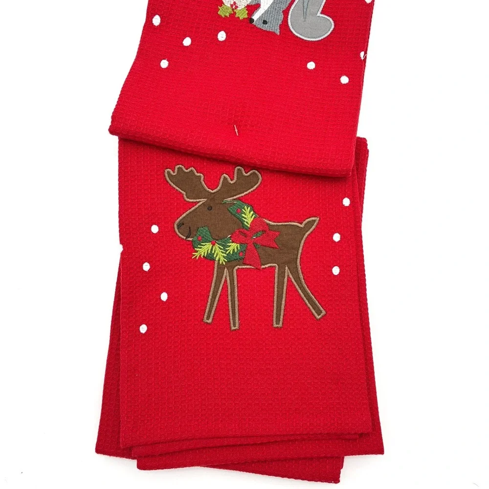 Crate and Barrel Holiday Critters Kitchen Towels Set of 3 Christmas Bear Deer